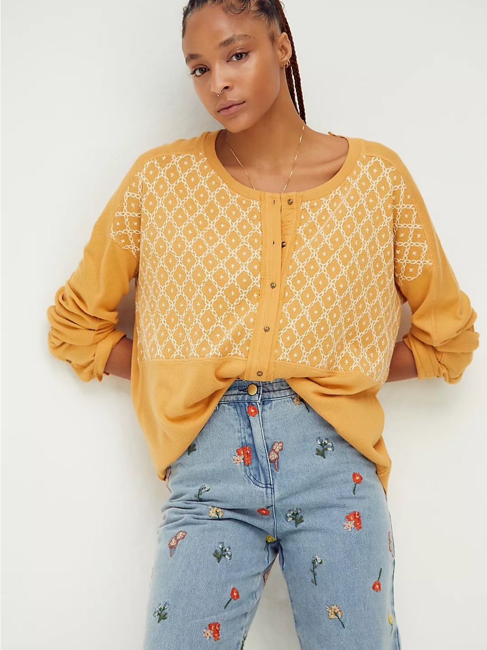 We The Free Free Spirit Tee Long Sleeve Top White Embroidery Size Small